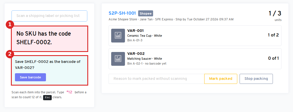 Save an unknown barcode onto the remaining SKU
