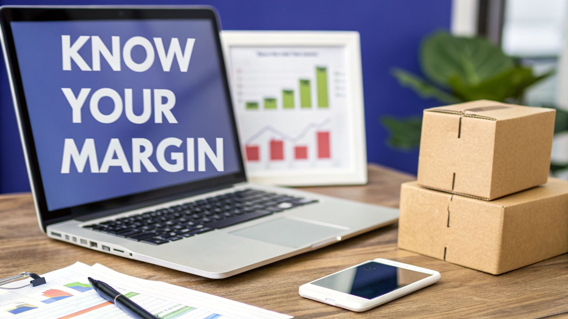 Laptop displaying &lsquo;KNOW YOUR MARGIN&rsquo; with business documents, a smartphone, and shipping boxes on a desk.