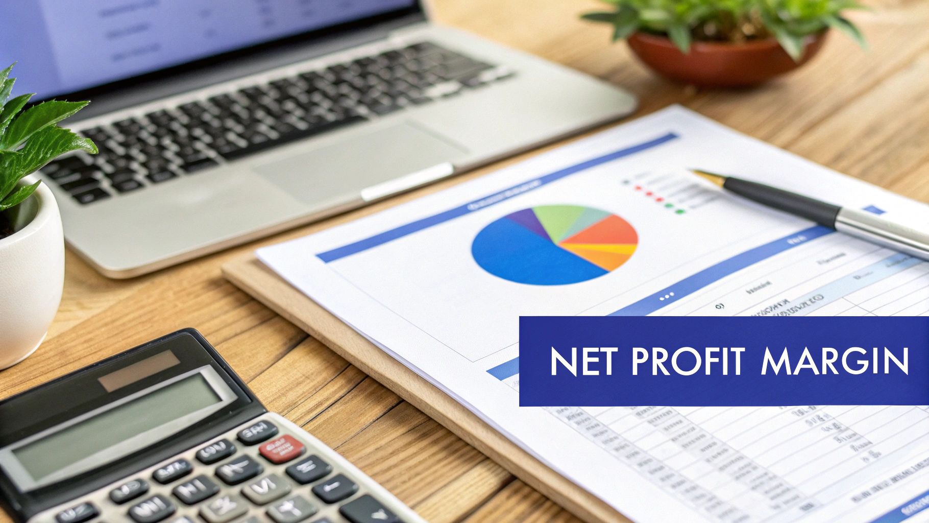 A desk with a laptop, calculator, plant, and a financial report showing net profit margin data.