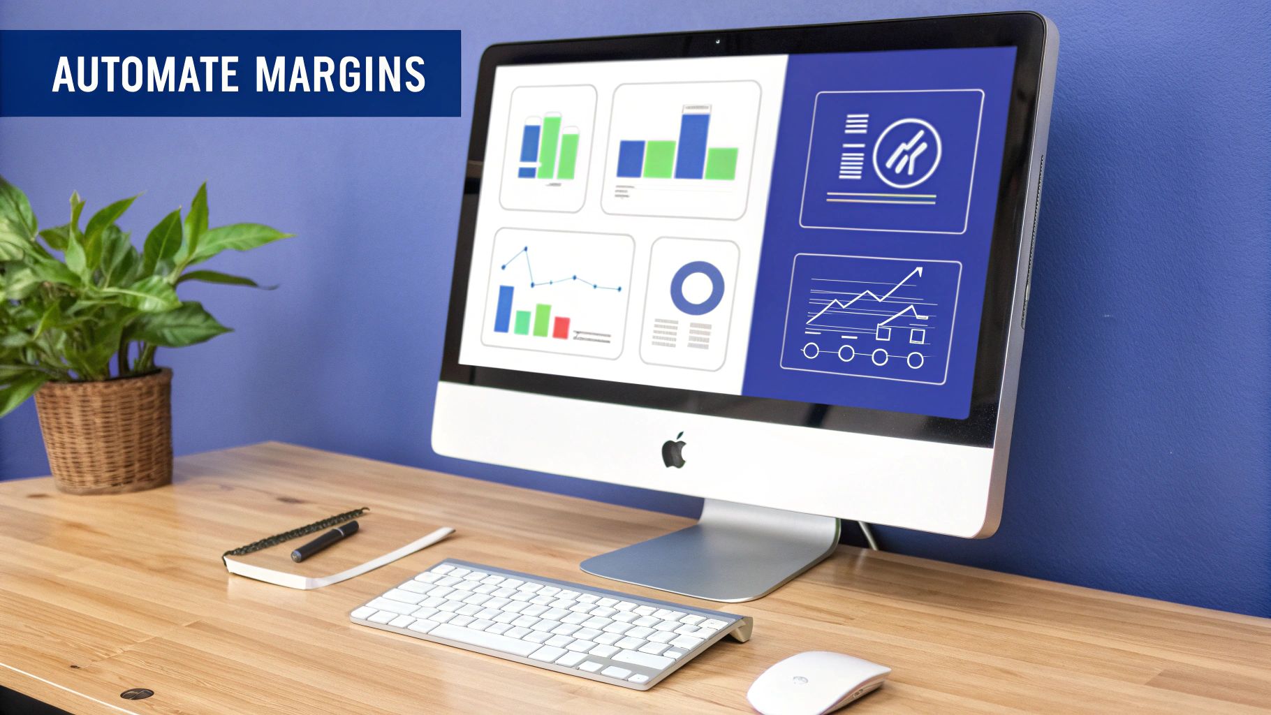 iMac with business dashboards on a wooden desk, keyboard, mouse, and plant, promoting &lsquo;Automate Margins&rsquo;.
