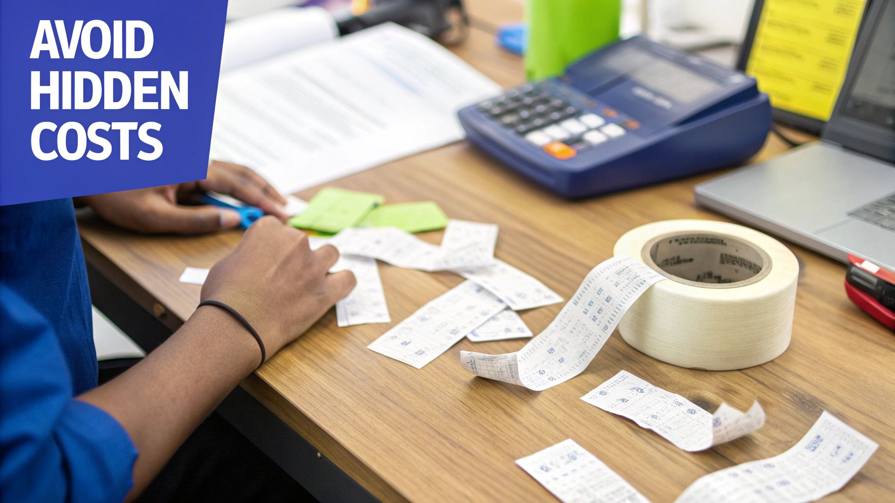 Person organizing numerous paper receipts and calculations on a desk, highlighting financial management.