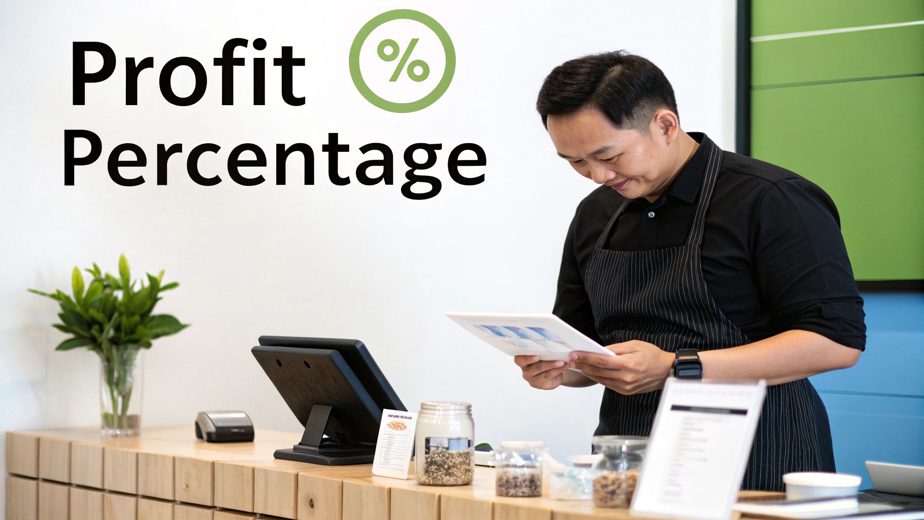 A male business owner reviews profit percentage reports on a tablet in his modern cafe.