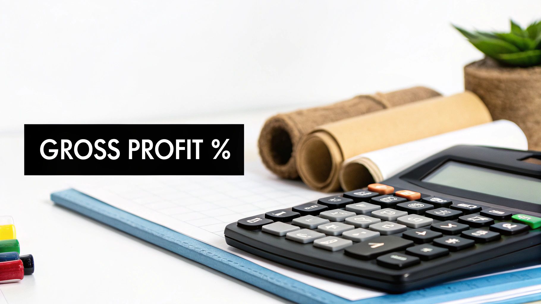 A calculator and papers on a desk with a black sign displaying ‘GROSS PROFIT %'.