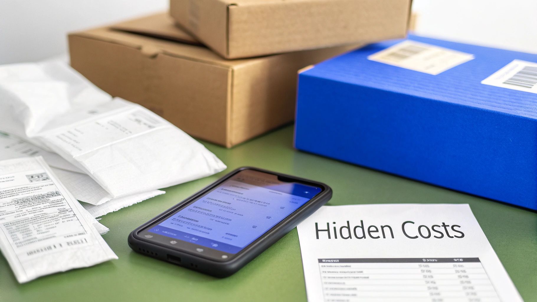 Packages, a smartphone displaying a financial app, and a document titled &lsquo;Hidden Costs&rsquo; on a table.