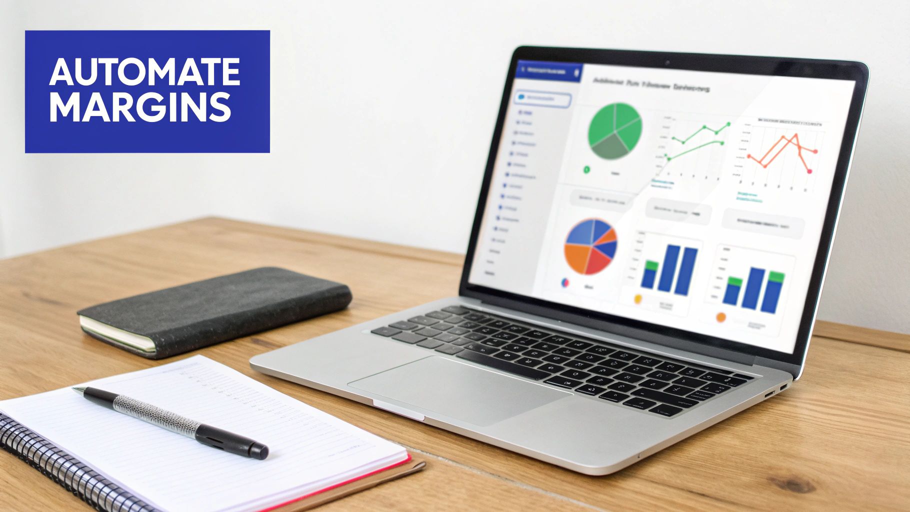 A laptop displays financial data and charts on a wooden desk with a notebook, pen, and &lsquo;AUTOMATE MARGINS&rsquo; sign.