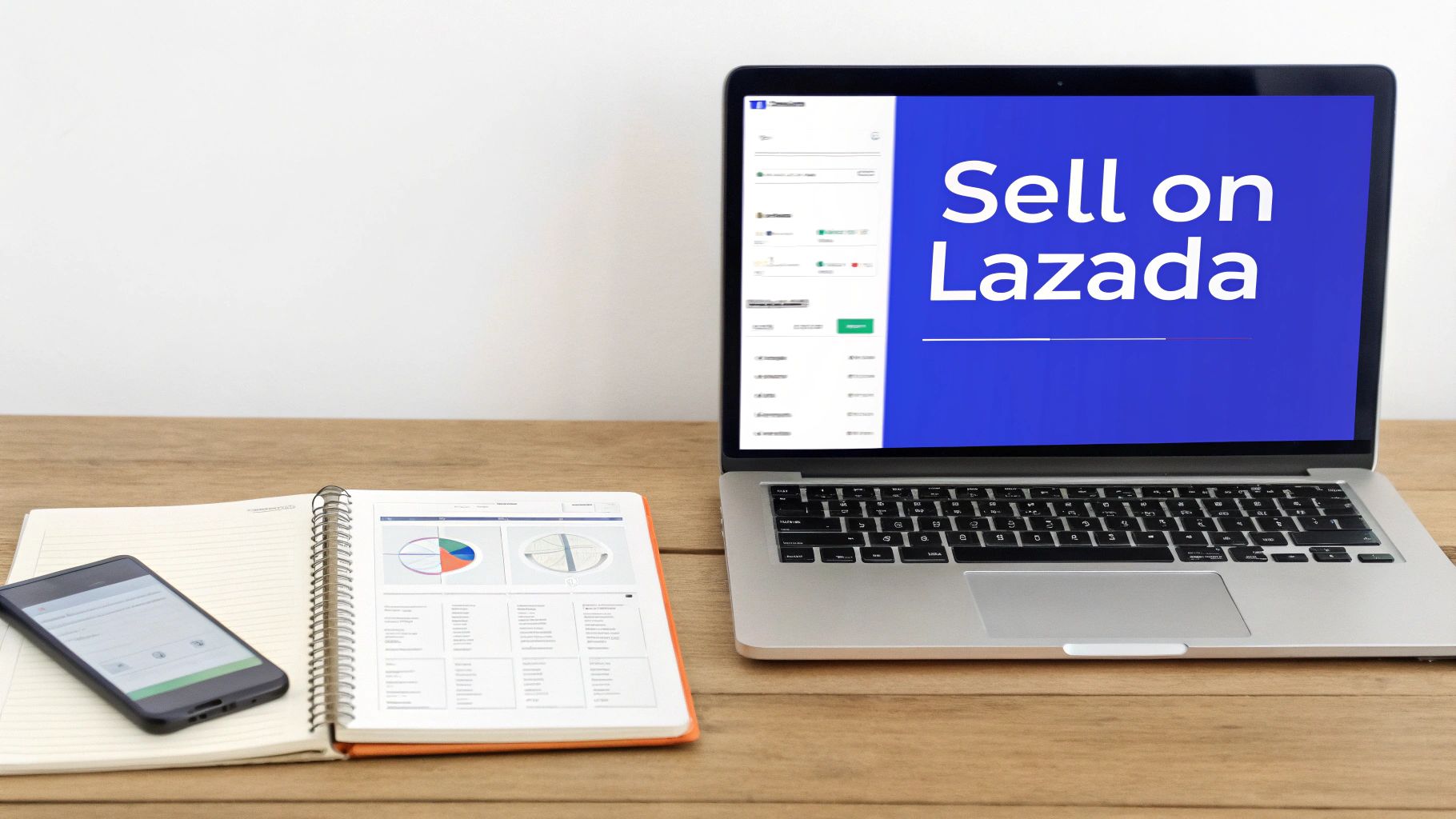 A laptop displaying ‘Sell on Lazada’ on a blue screen, next to an open notebook and a smartphone on a wooden desk.