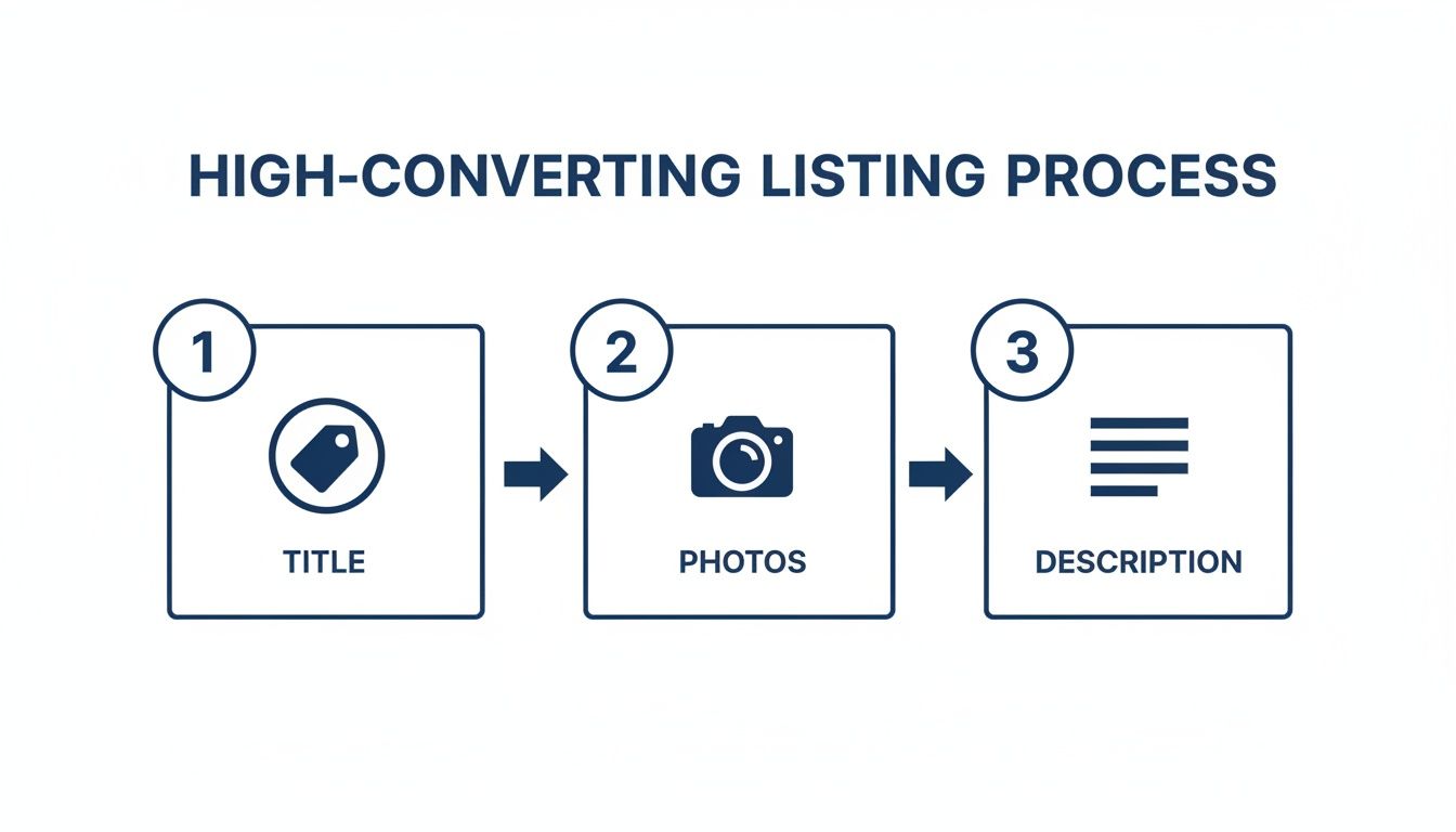 A three-step process for high-converting product listings: title, photos, and description.
