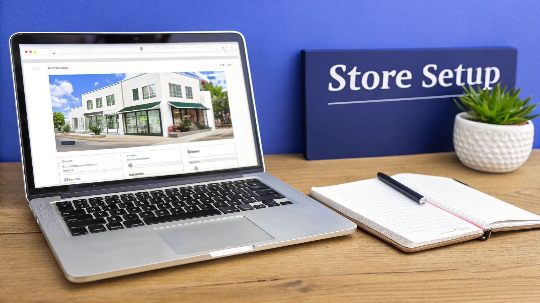 A laptop displaying an online store interface, a ‘Store Setup’ sign, notebook, and plant on a desk.