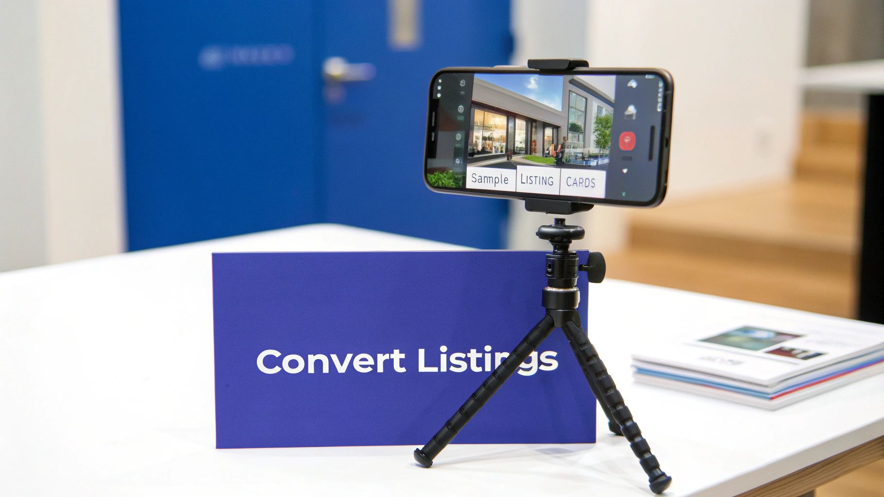 A smartphone on a tripod displays a real estate listing app, next to a ‘Convert Listings’ sign.