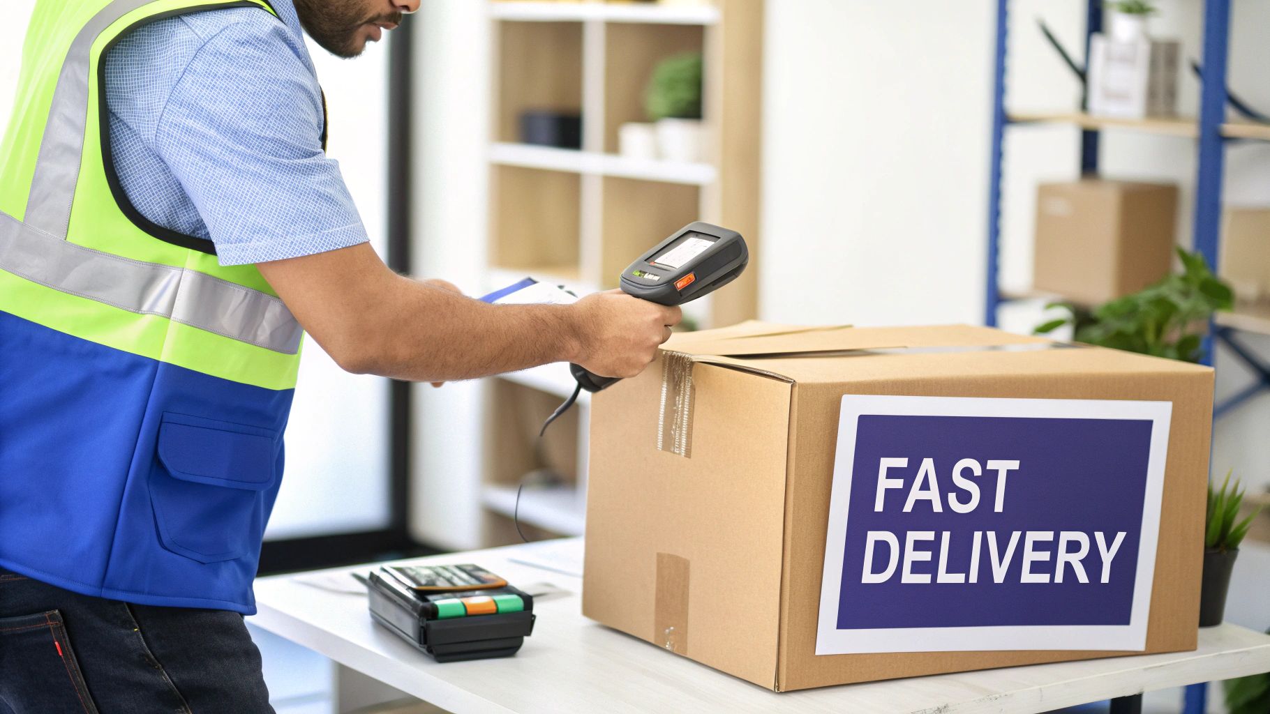 A delivery worker in a safety vest scanning a fast delivery package with a barcode scanner.