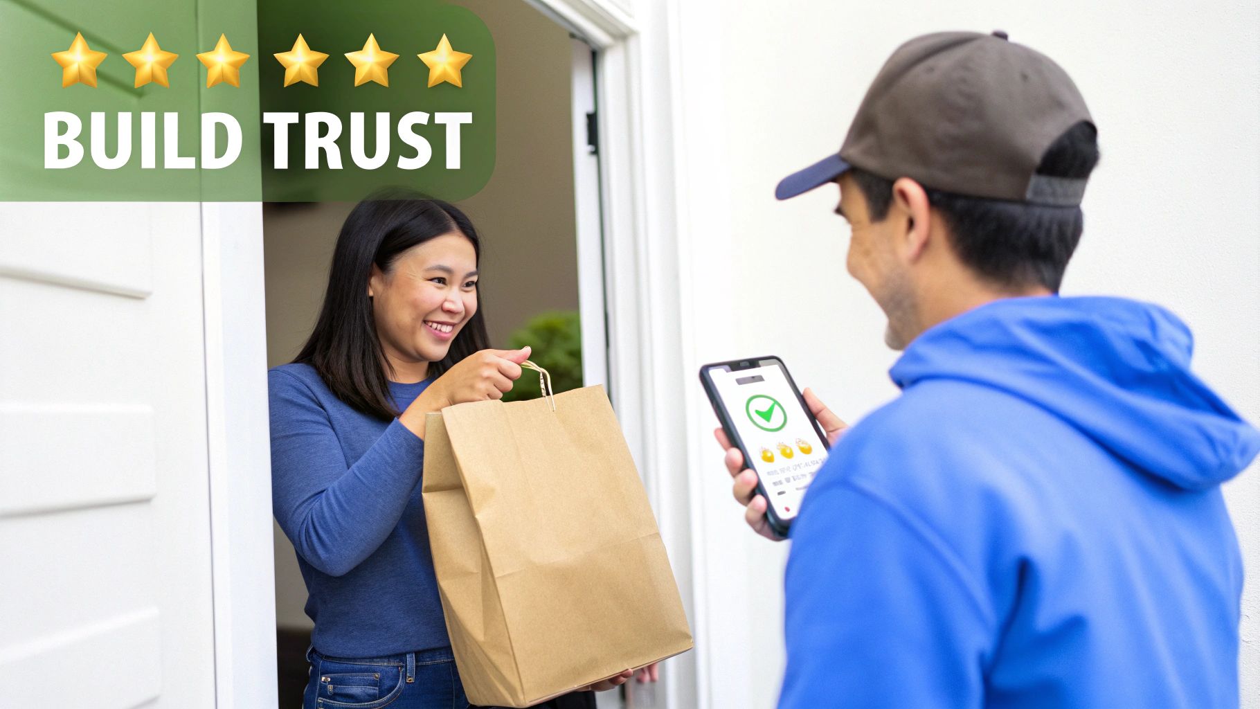 A smiling woman receives a delivery bag from a delivery person holding a phone with a green checkmark.