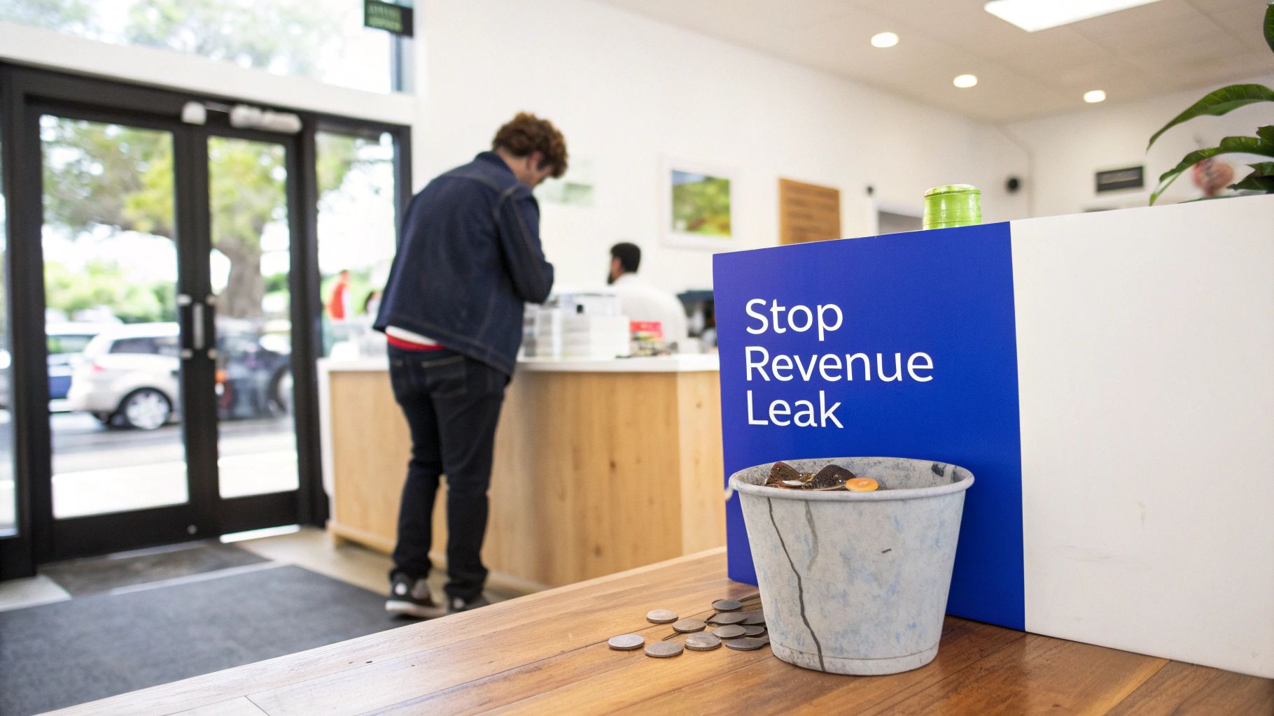 A &ldquo;Stop Revenue Leak&rdquo; sign and coins on a table in a retail environment, with a customer.