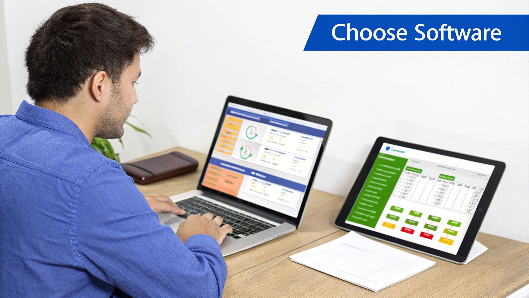 Man typing on a laptop with business software dashboard, next to a tablet, choosing software.