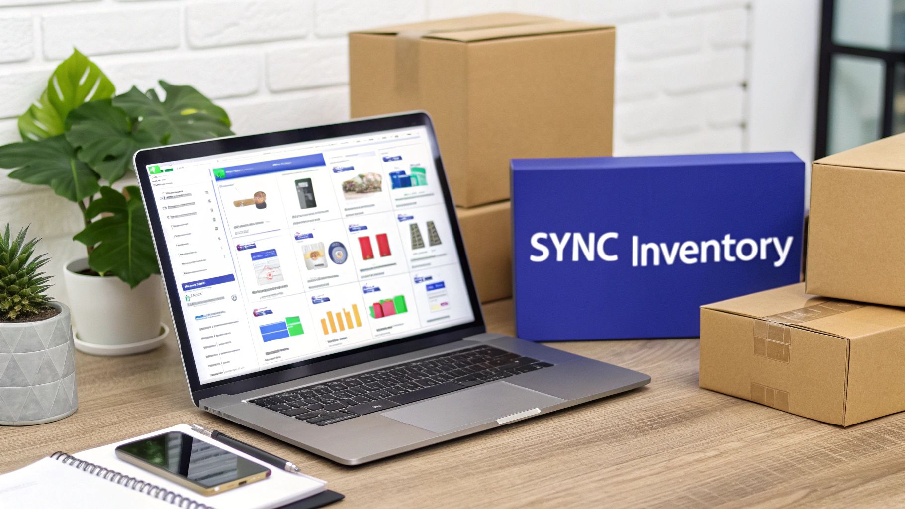 A laptop displays inventory management software next to a &lsquo;SYNC Inventory&rsquo; box and packages on a desk.