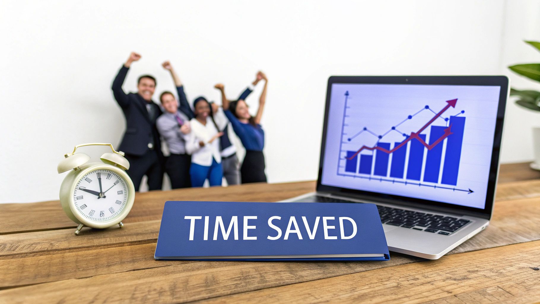 Desk with an alarm clock, &lsquo;TIME SAVED&rsquo; sign, and a laptop displaying a growth graph, with a celebrating team in the background.
