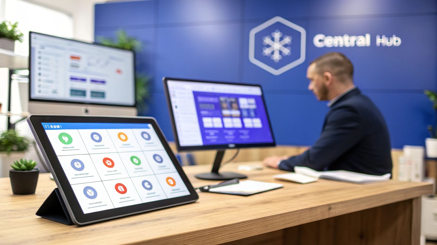 A tablet displays a business software dashboard in a modern office with a worker and monitors.