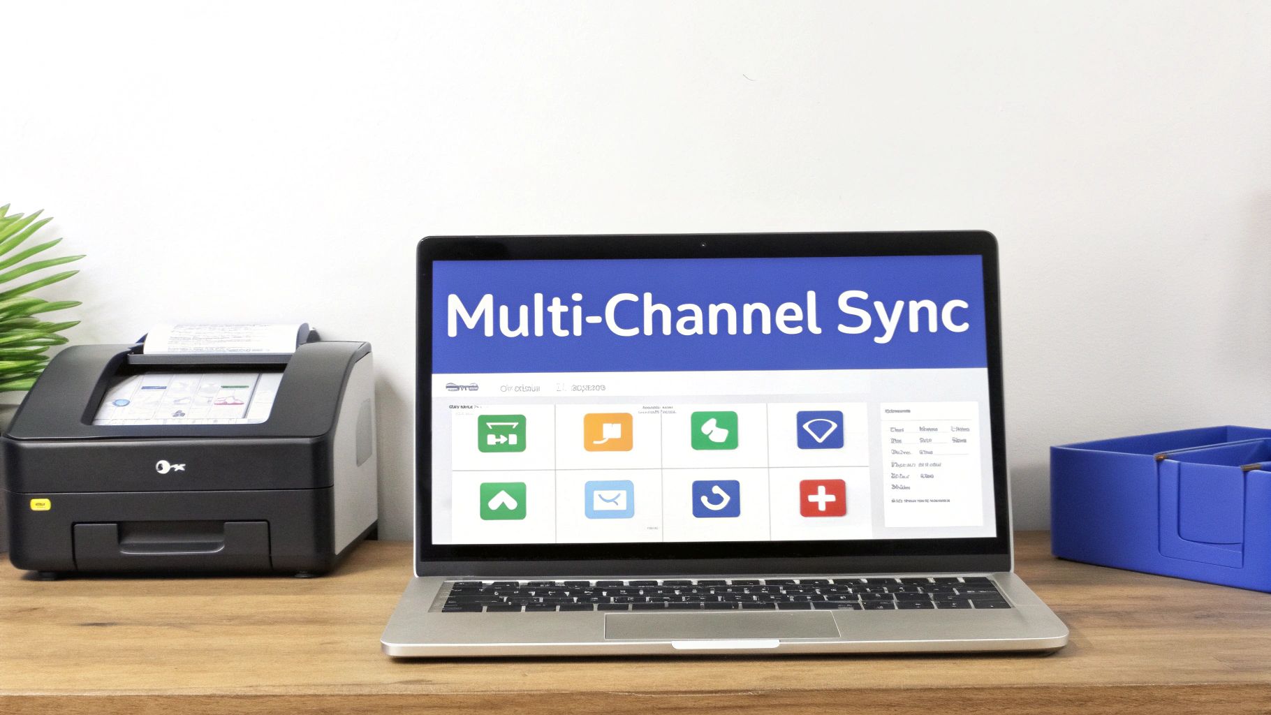 A laptop displays &lsquo;Multi-Channel Sync&rsquo; software next to a printer and blue organizer on a wooden desk.