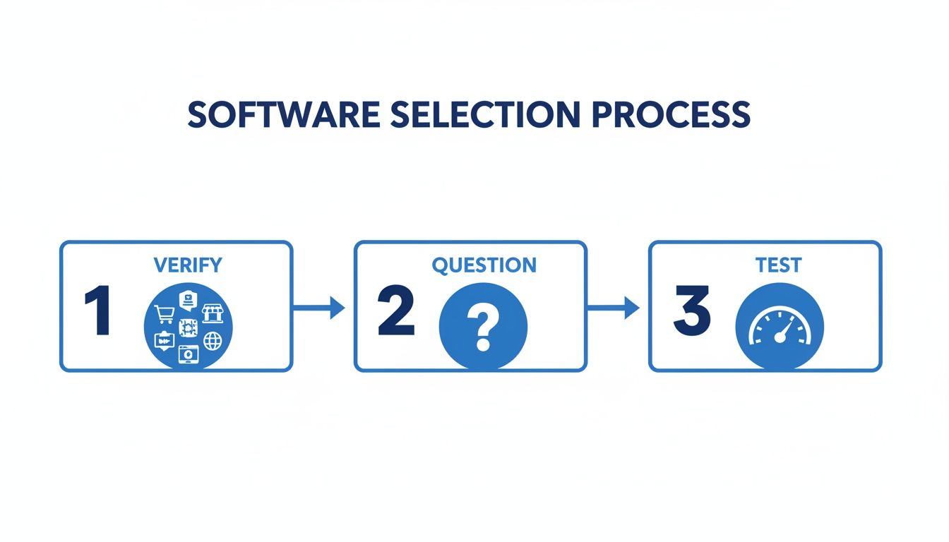 A blue and white diagram illustrating the three-step software selection process: verify, question, and test.