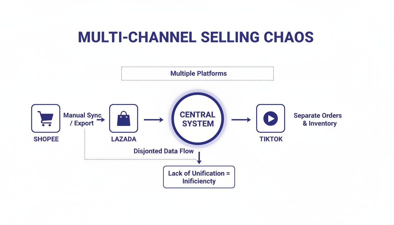 Flowchart illustrating multi-channel selling challenges and disjointed inventory management across e-commerce platforms.