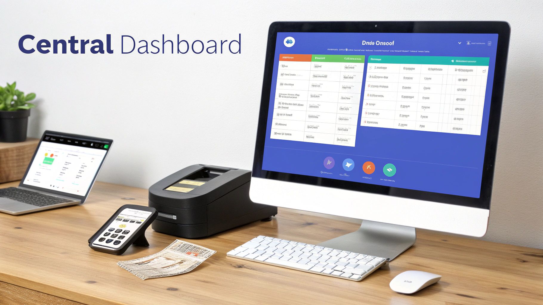 A modern desk setup featuring a large monitor displaying a data dashboard, a laptop, and office equipment.