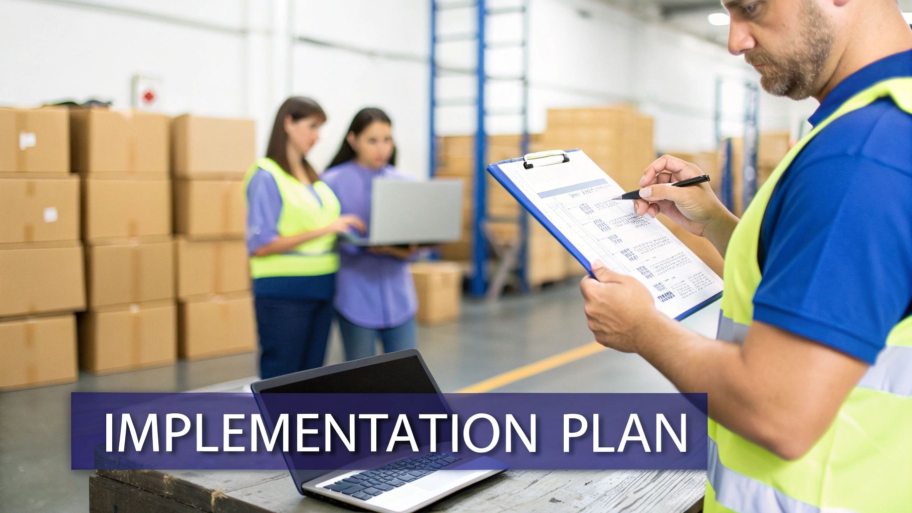 Warehouse team reviewing an implementation plan; man with clipboard, women with a laptop.