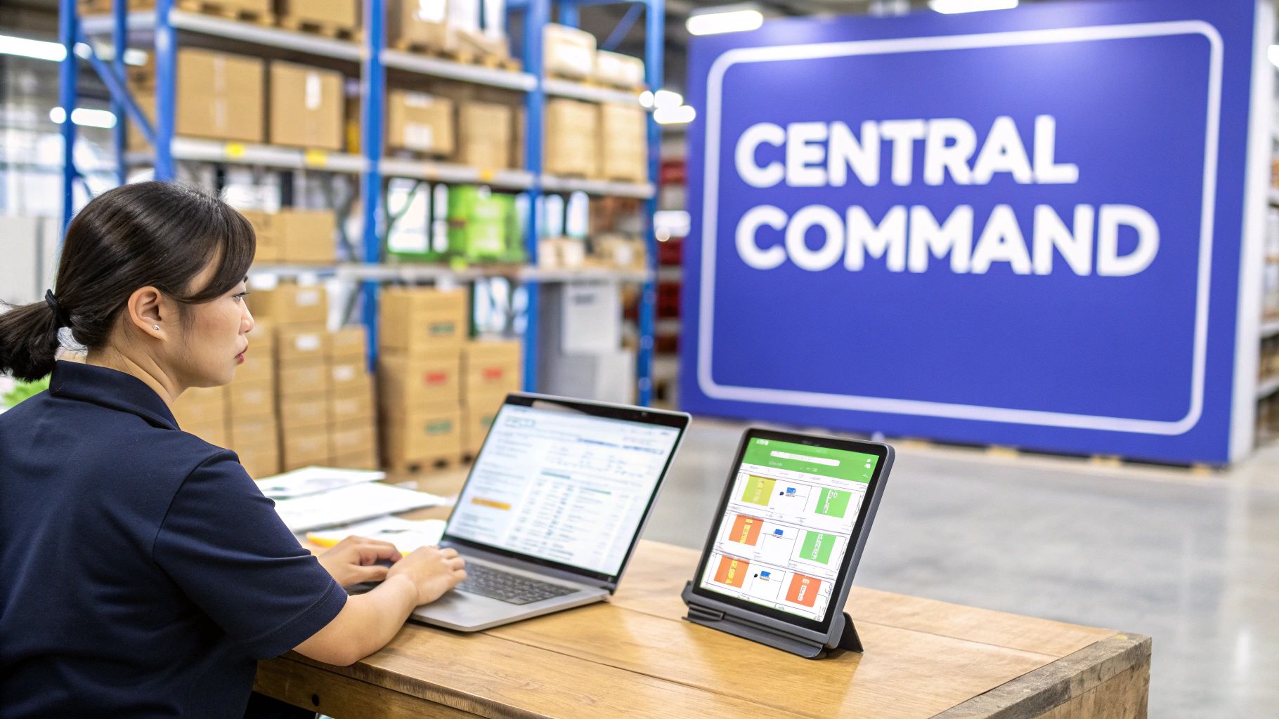 A woman uses a laptop and tablet to manage inventory in a warehouse with a ‘Central Command’ sign.