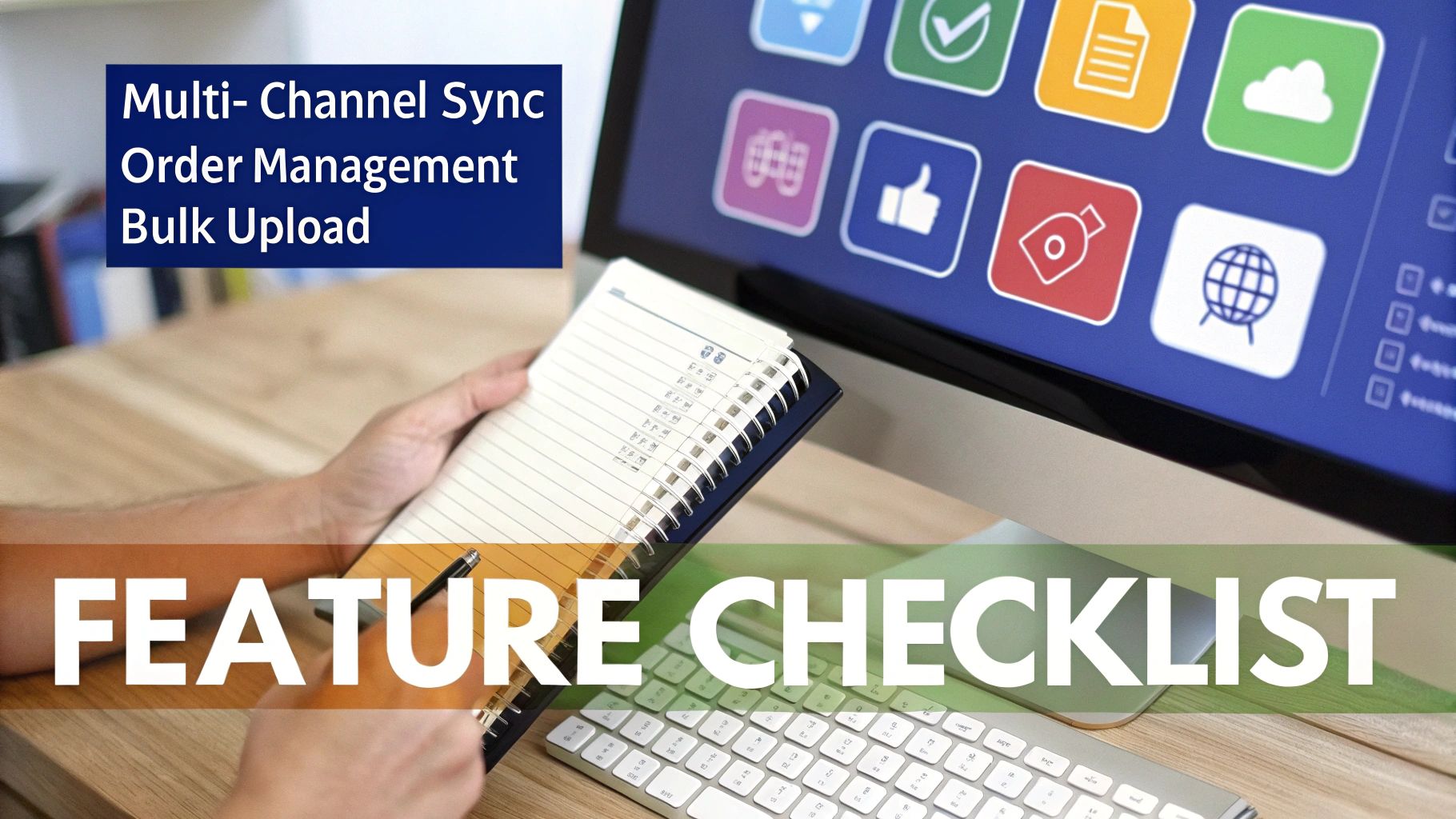 A person works on a ‘Feature Checklist’ for multi-channel order management and bulk upload software.