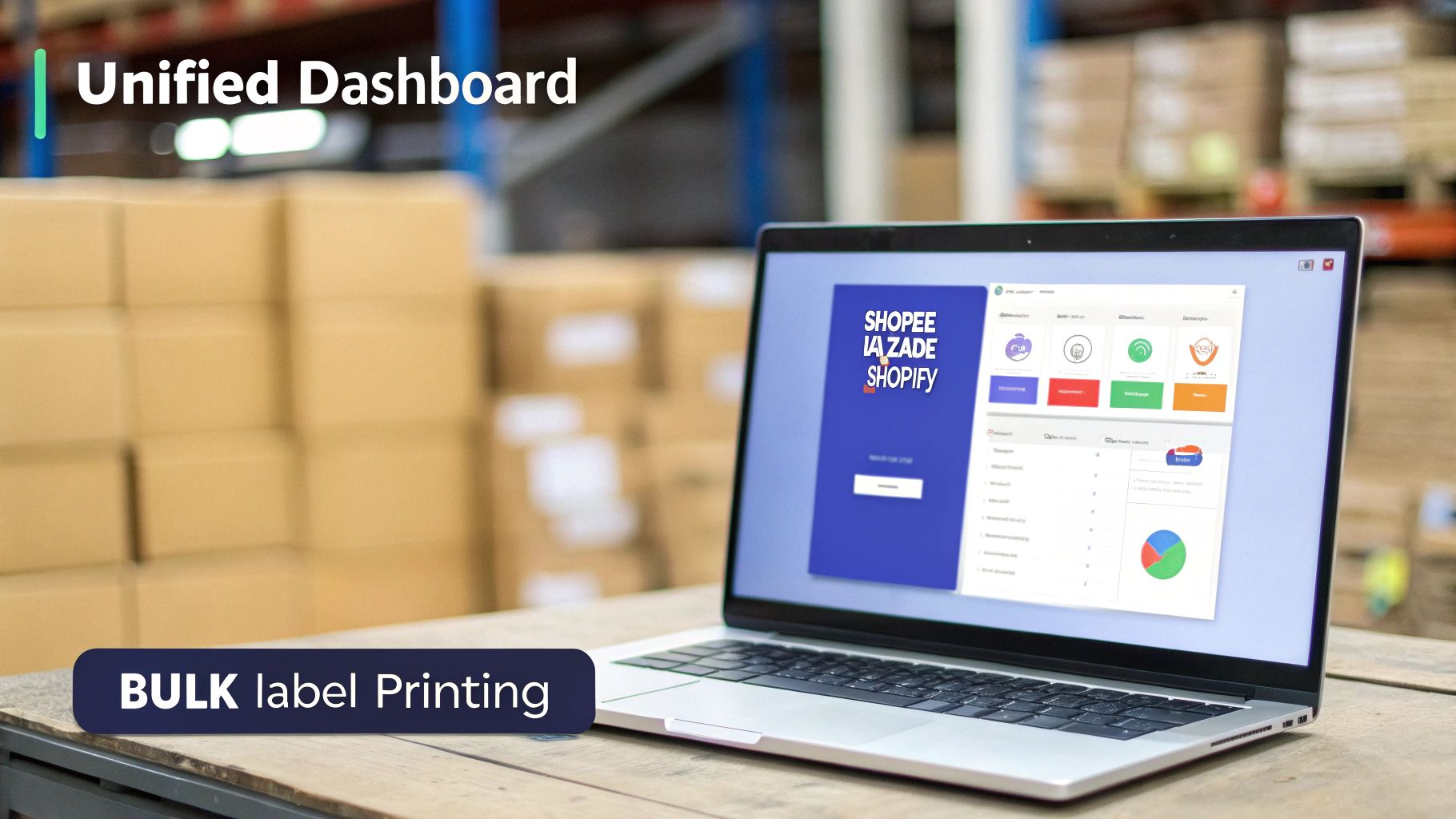 A laptop displays a unified dashboard for Shopee, Lazada, and Shopify, used for bulk label printing in a warehouse.