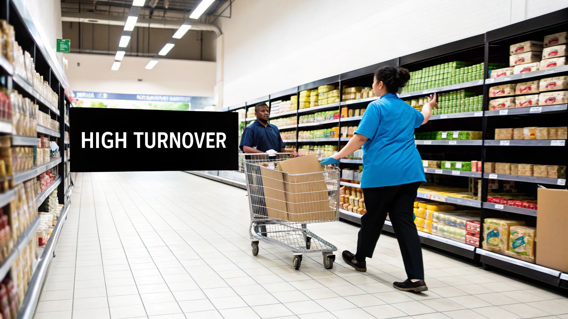 Store employees in a supermarket aisle, one pushing a cart with boxes, the other stocking shelves.