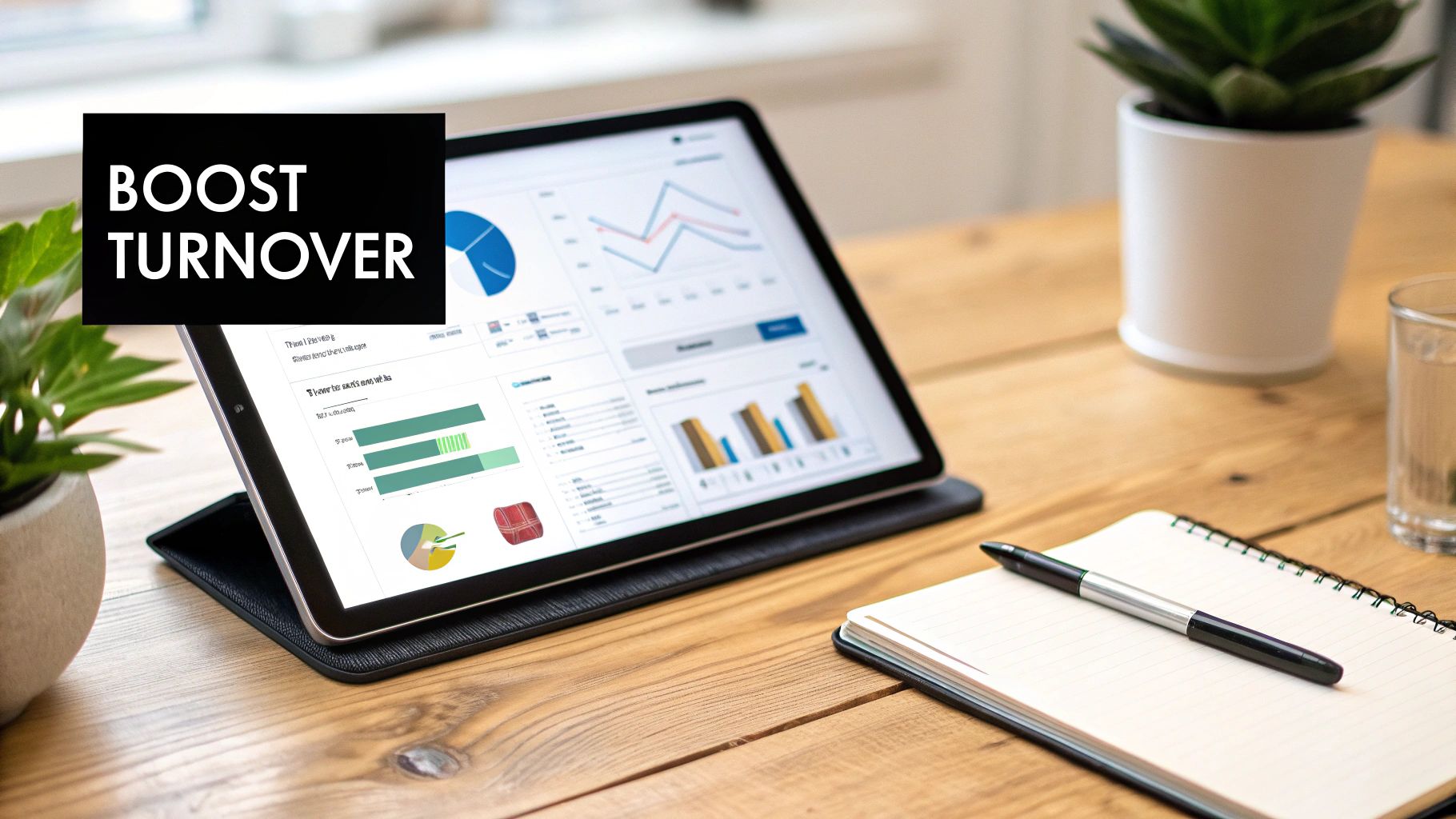 A tablet displays business analytics charts and graphs on a wooden desk with text “BOOST TURNOVER”.