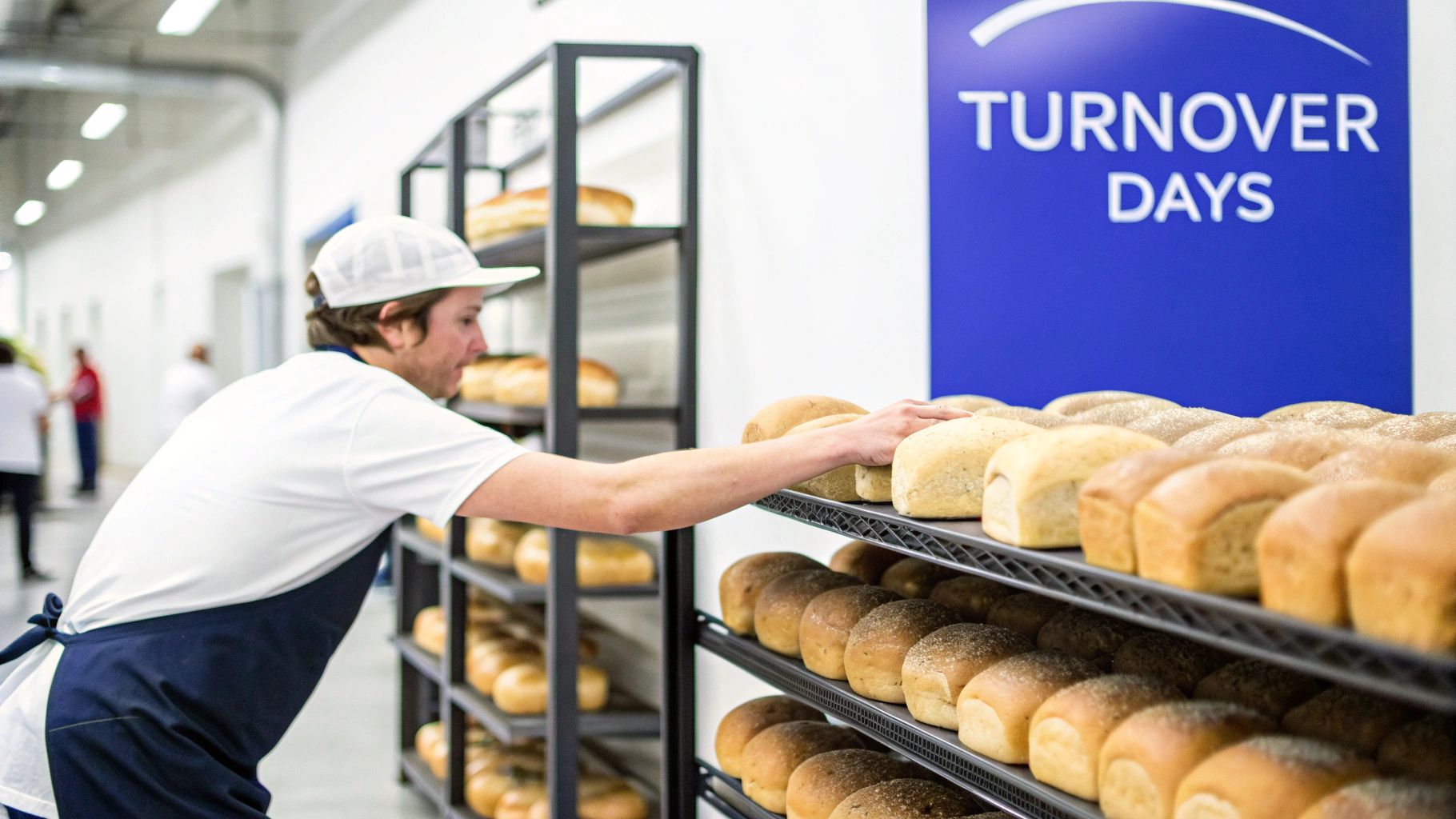 A worker in a bakery sorting fresh loaves of bread on shelves with a ‘Turnover Days’ sign in the background.
