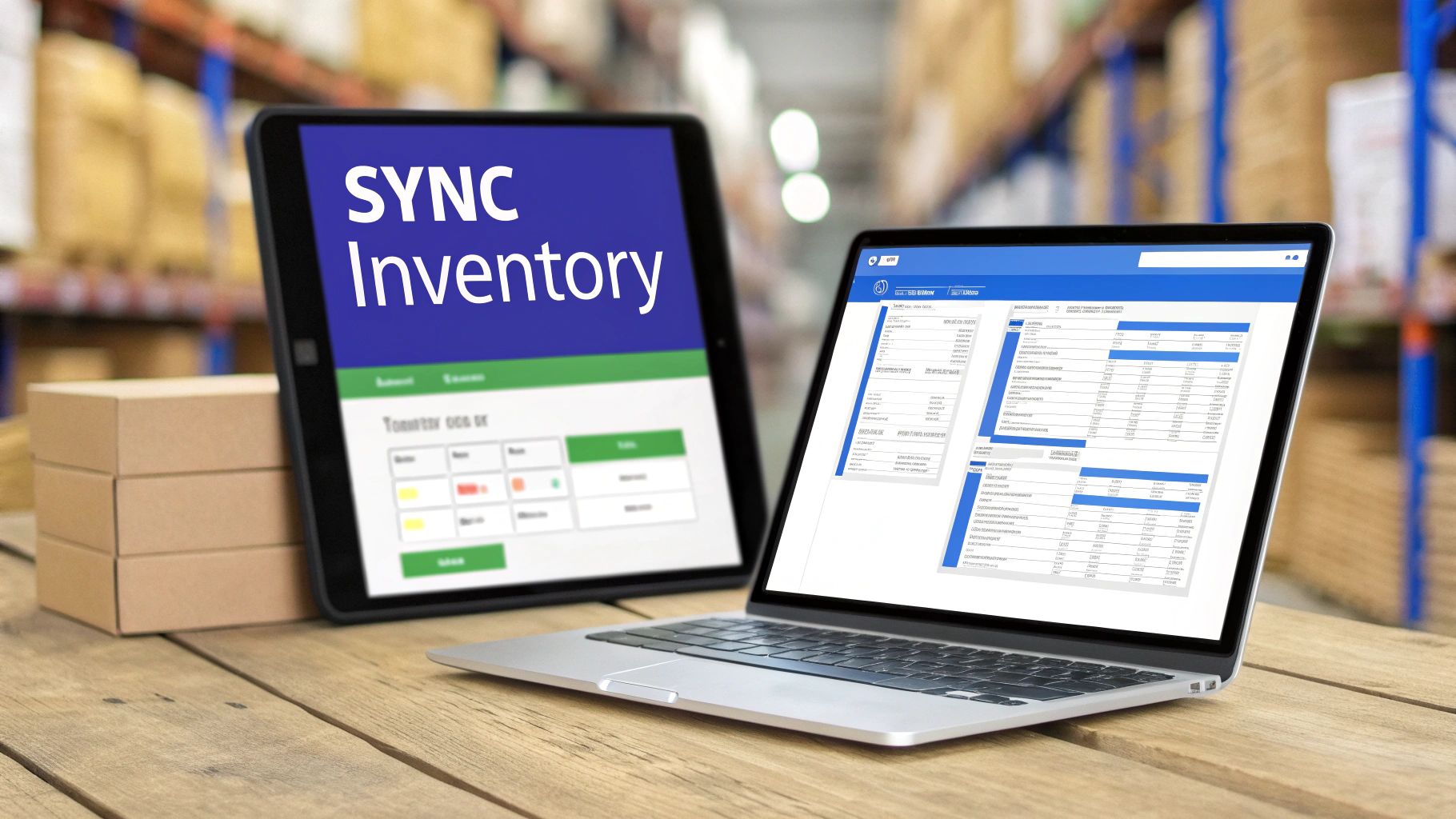 A tablet and laptop display inventory management software in a warehouse setting.