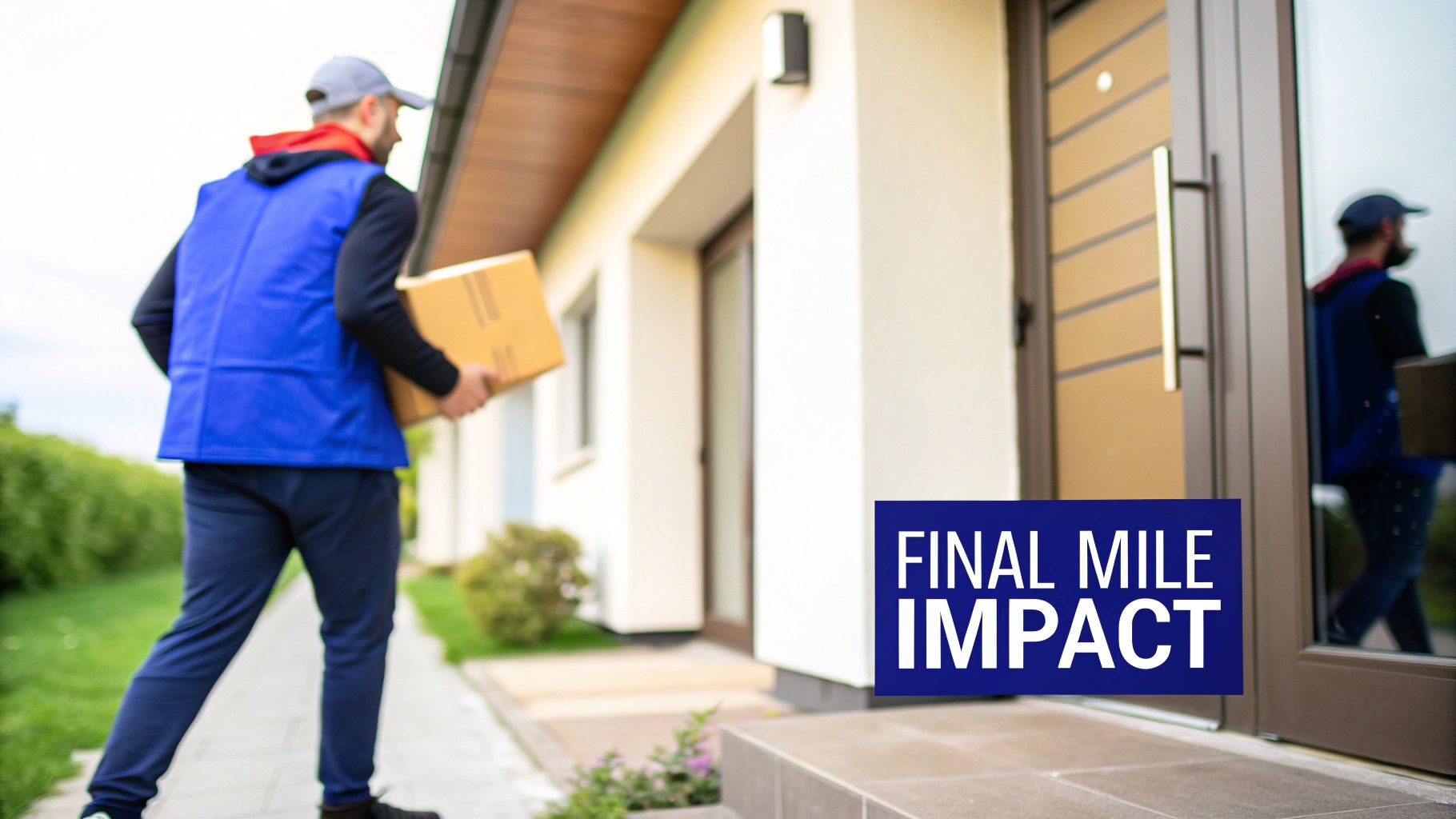 A delivery person in a blue vest and cap walks towards a house’s front door with a package.