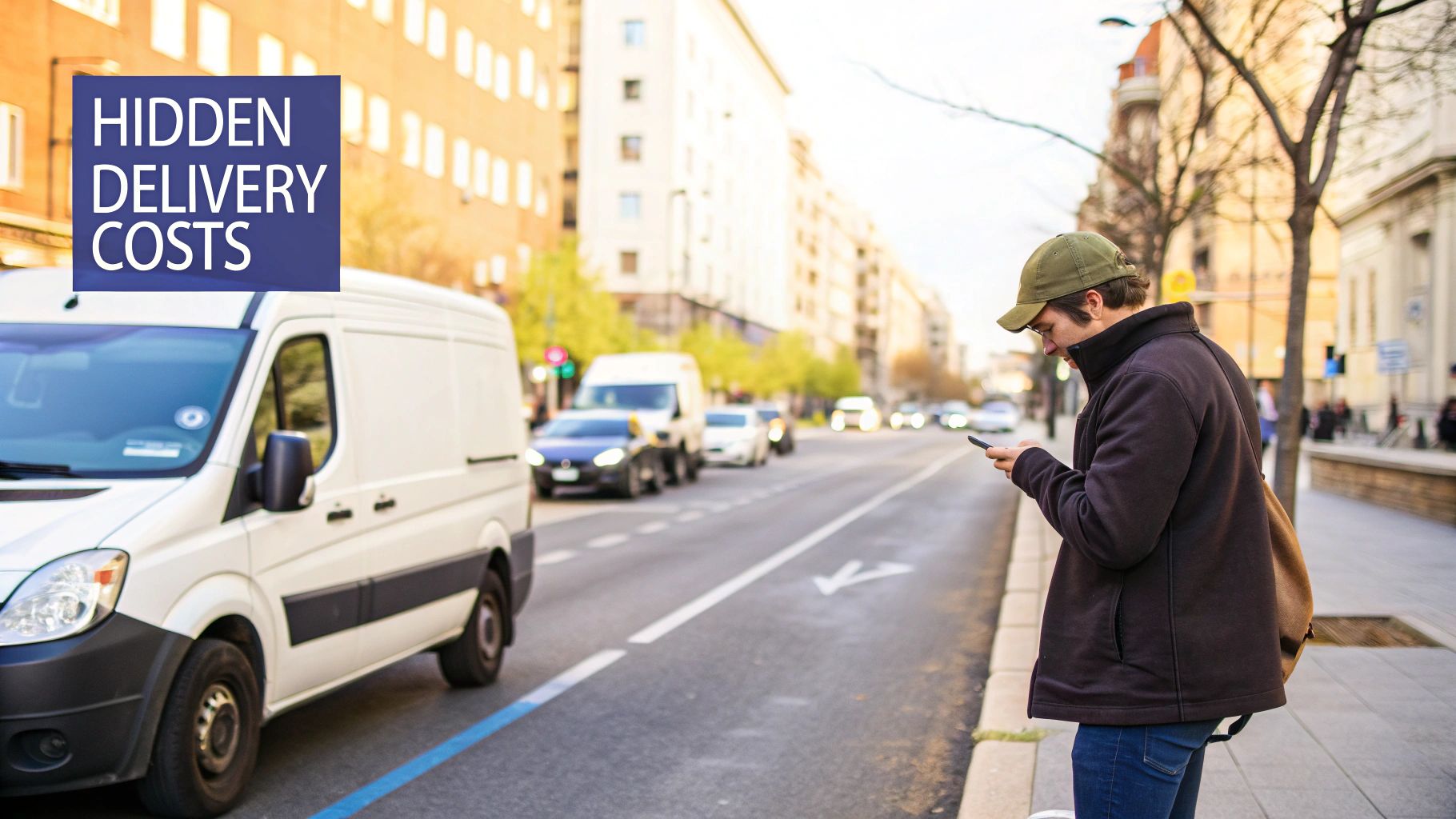 A man checks his phone next to a white delivery van on a city street, with ‘HIDDEN DELIVERY COSTS’ text.