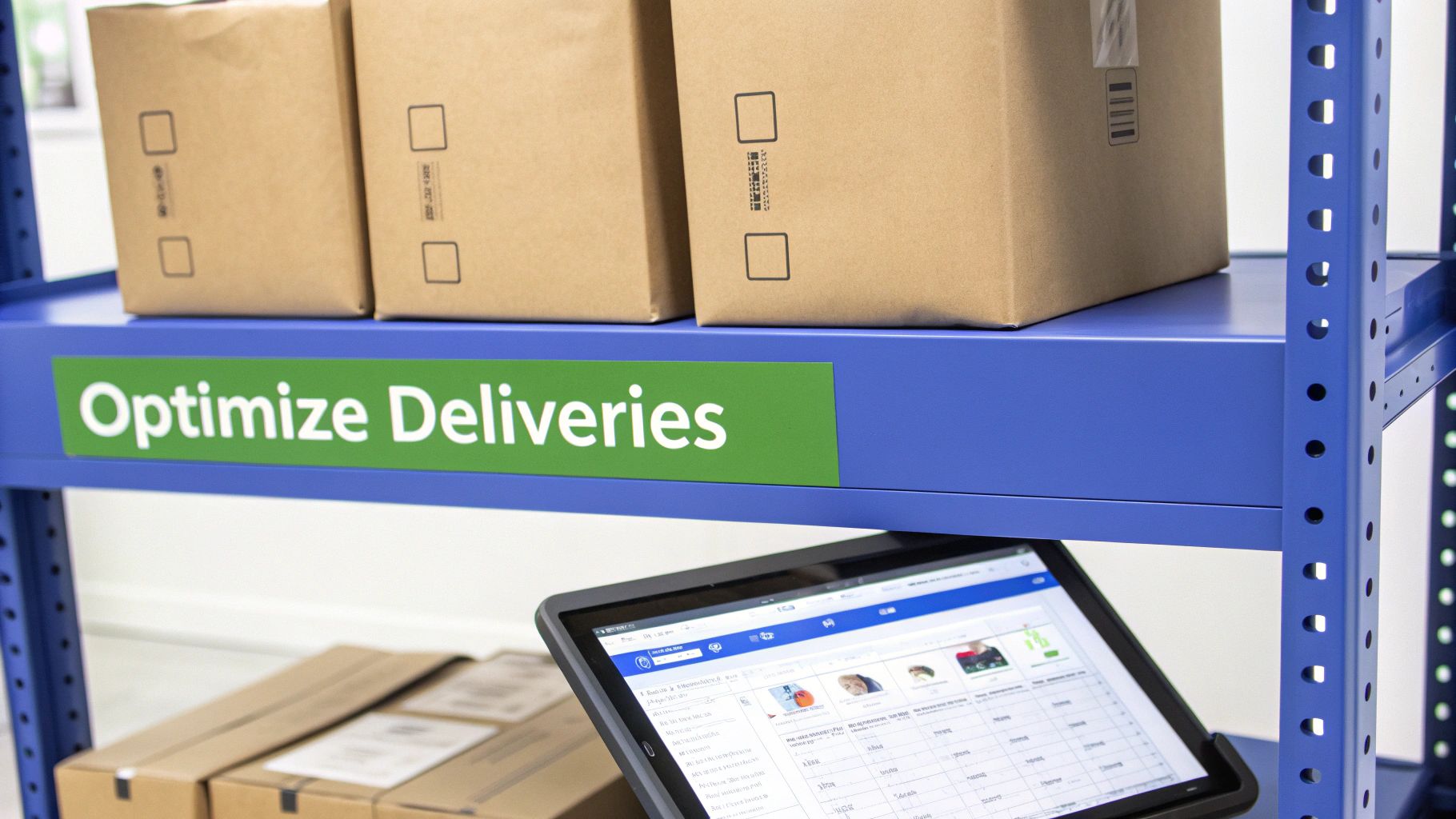 Cardboard boxes stored on blue warehouse shelves with an “Optimize Deliveries” sign and a tablet displaying data.