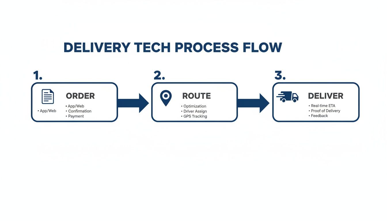 A flowchart illustrating the three-step delivery tech process: order, route, and deliver.