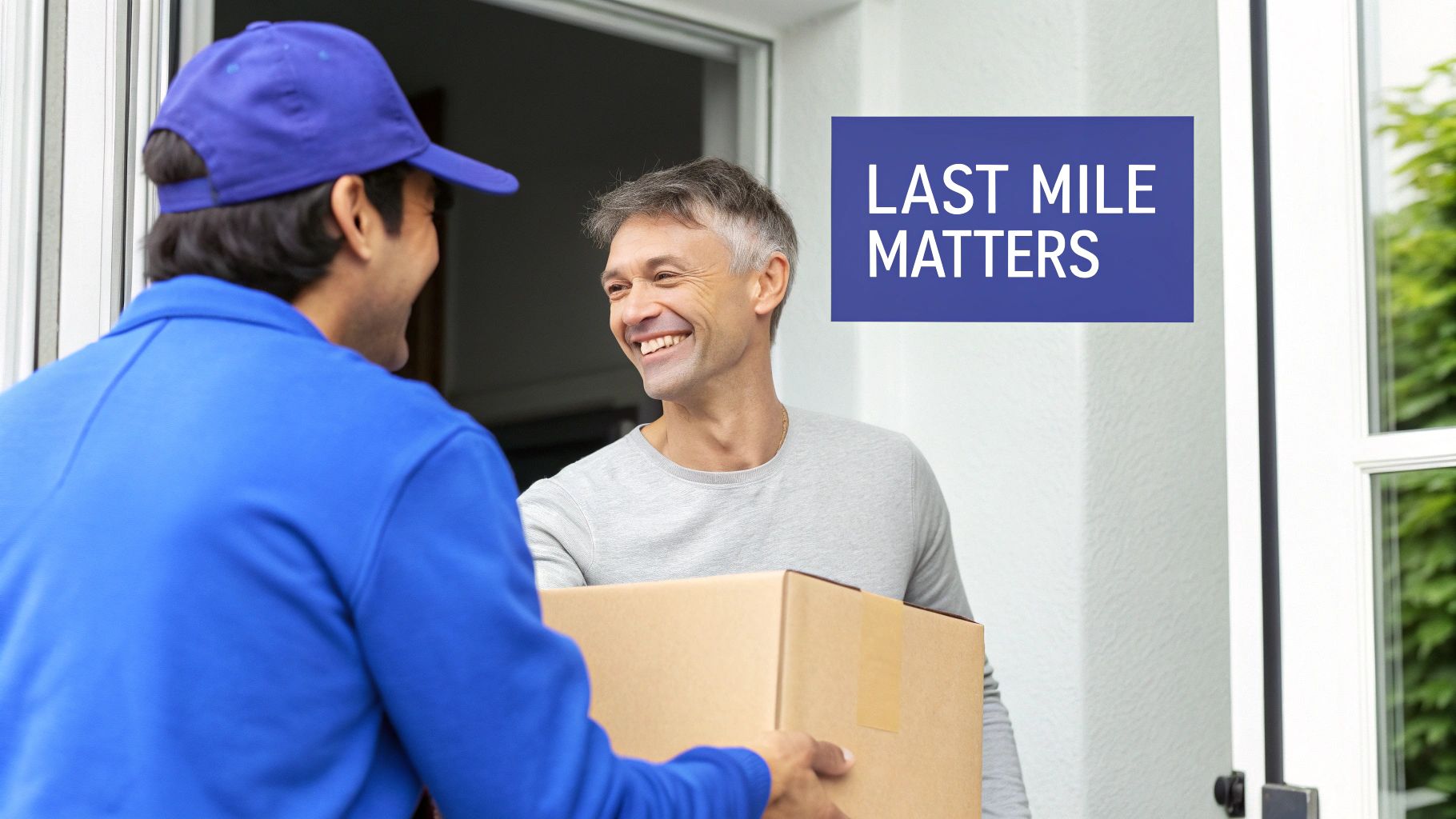 A smiling customer receives a brown package from a delivery person in a blue uniform at their doorstep.