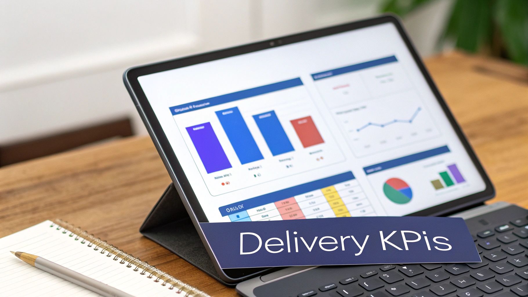 A tablet displaying a dashboard with delivery KPIs, charts, and graphs on a wooden desk.
