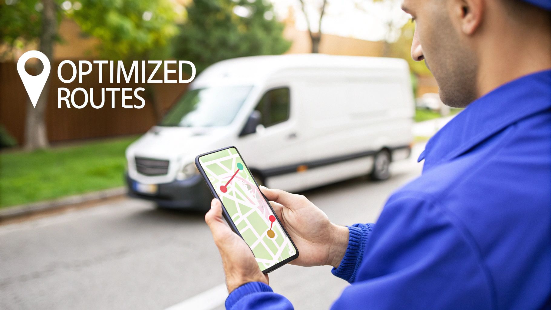 A delivery driver in a blue uniform uses a smartphone with a route optimization app, with a white delivery van in the background.