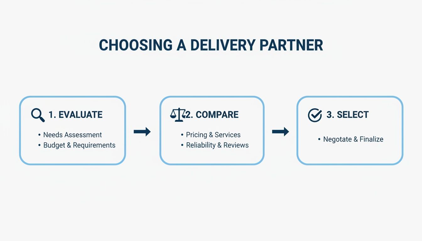Flowchart detailing three steps to choose a delivery partner: evaluate needs, compare services, and select.