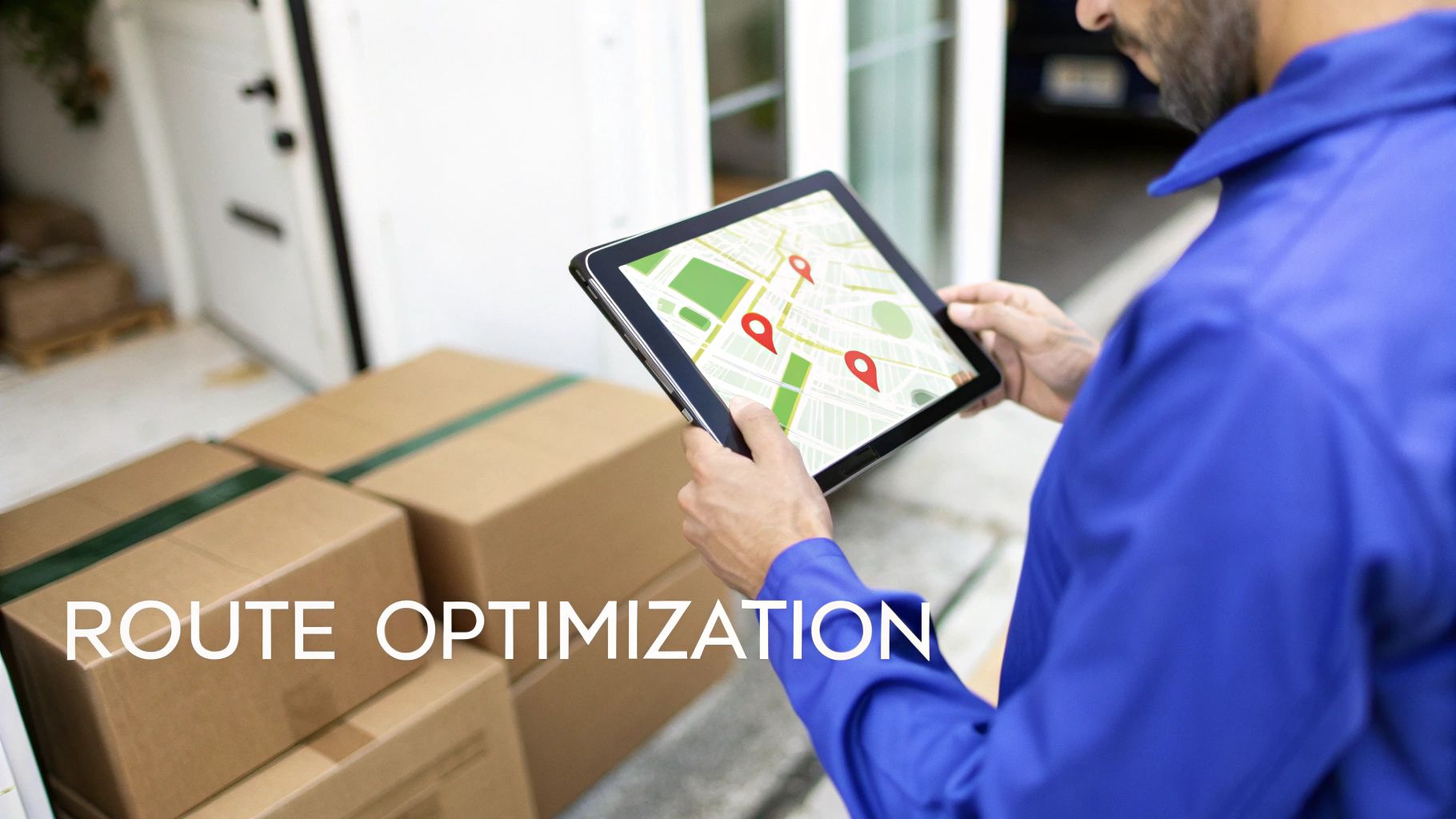 A delivery driver uses a tablet with a map showing optimized routes, next to several delivery packages.