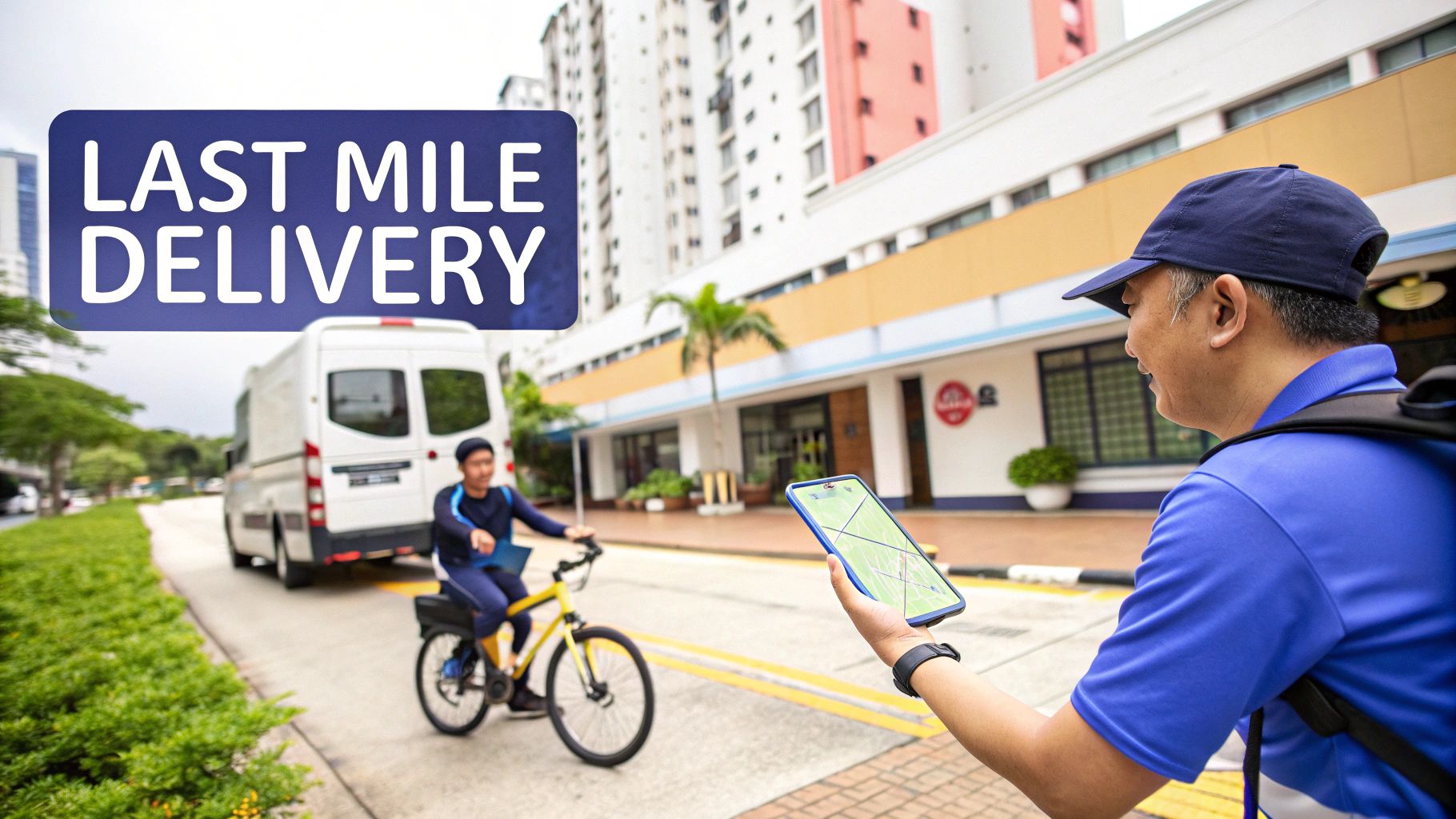 Last mile delivery service with a van, bicycle courier, and dispatcher using a smartphone map.