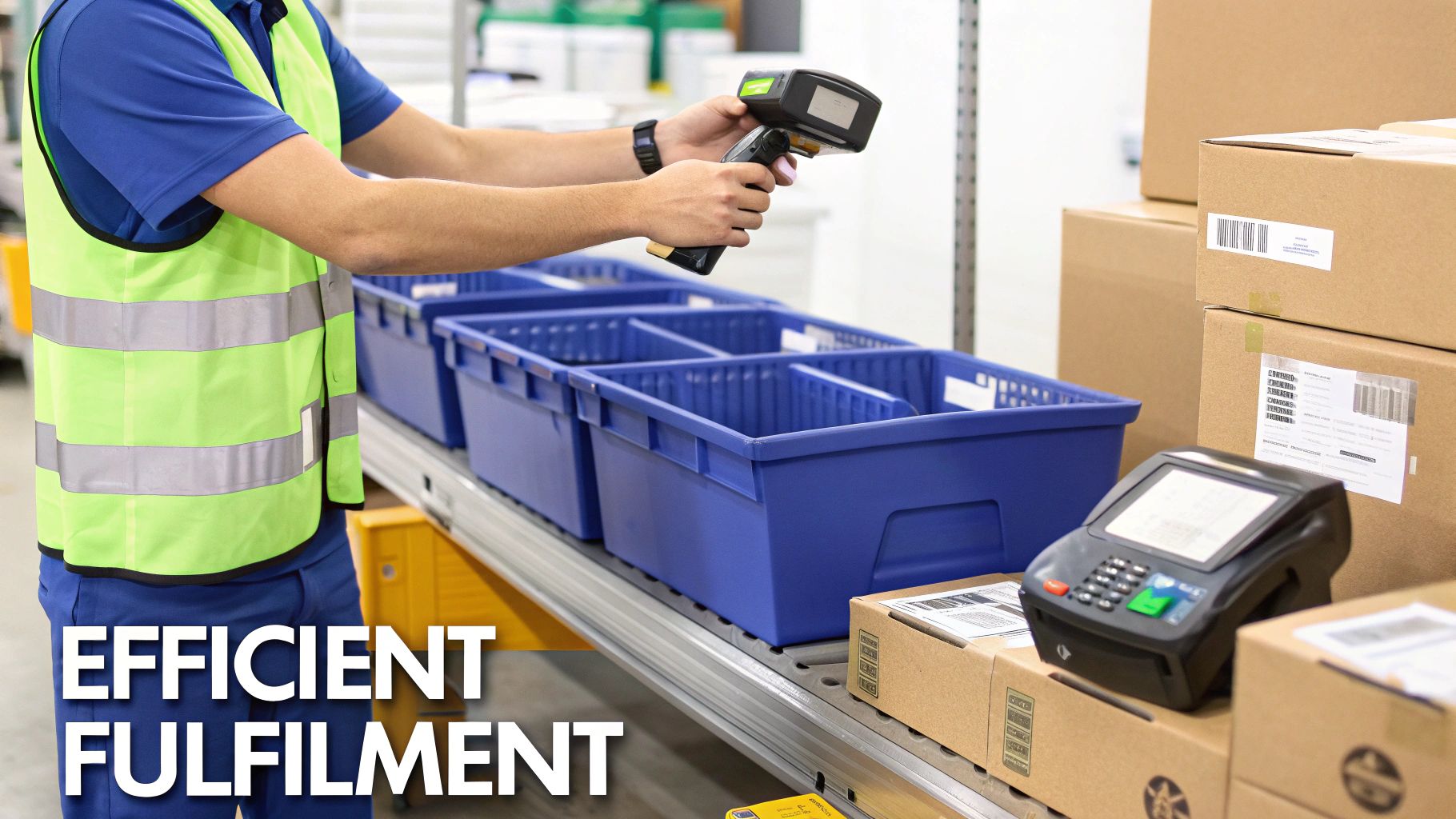 Warehouse worker scans items on a conveyor belt for efficient order fulfillment.
