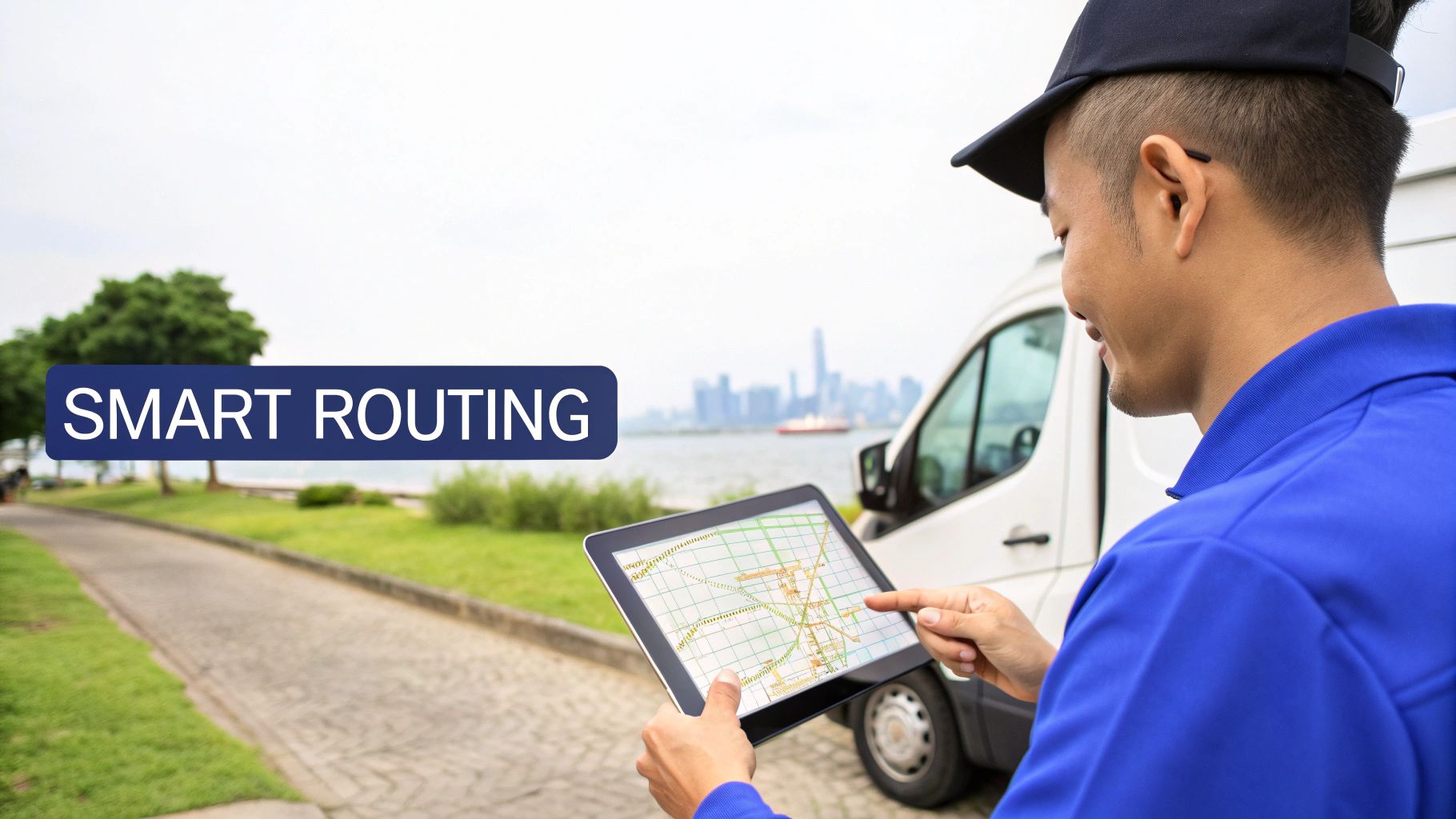 A delivery driver in uniform uses a tablet with a map for smart route optimization next to a delivery van.