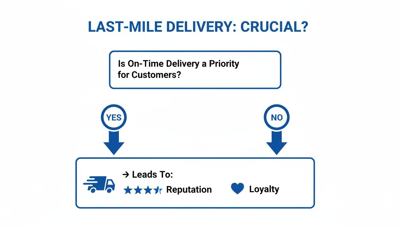 Flowchart illustrating how on-time last-mile delivery impacts customer reputation and loyalty.