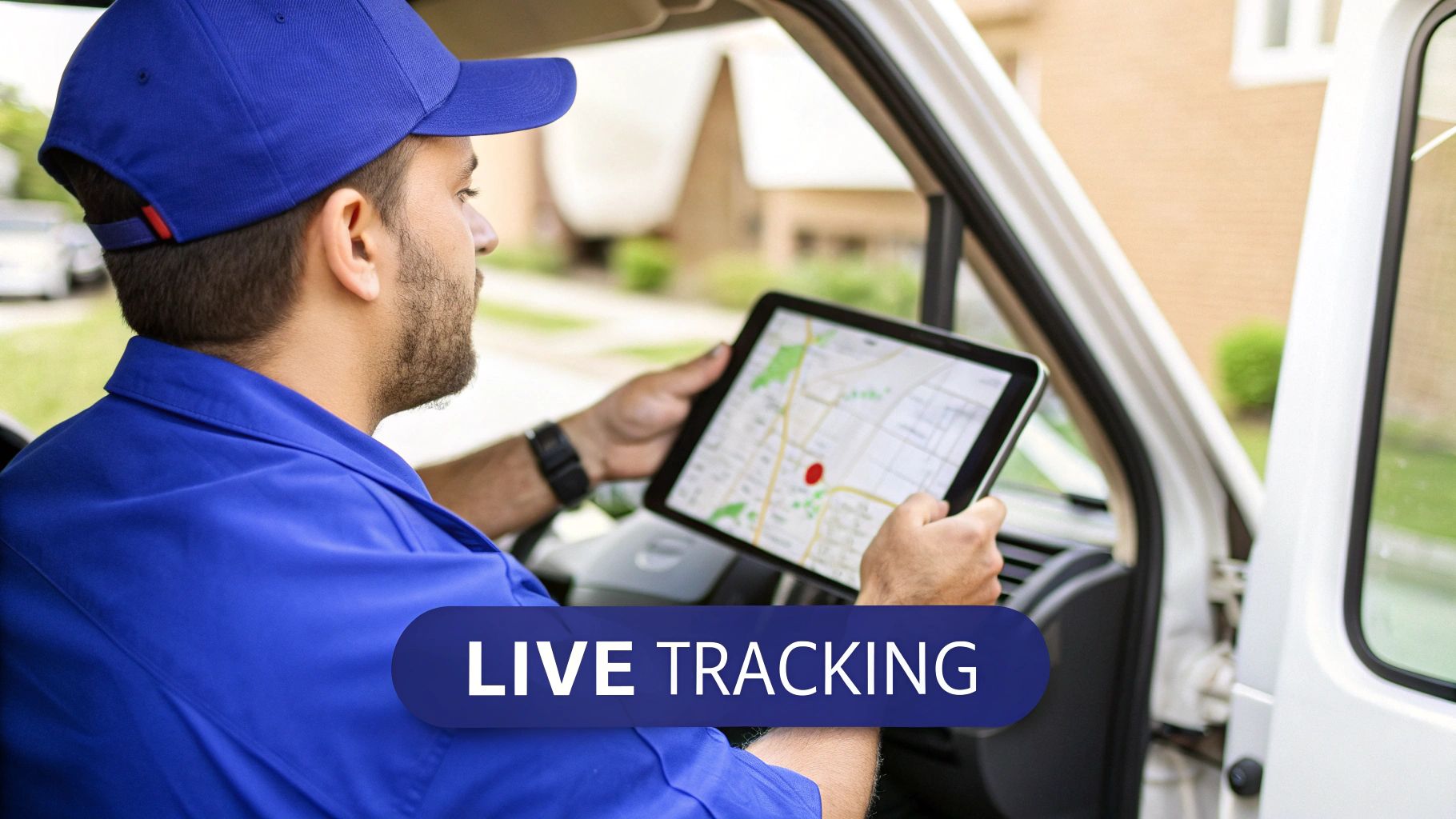 A delivery driver in a blue uniform and cap uses a tablet with a map for live tracking.