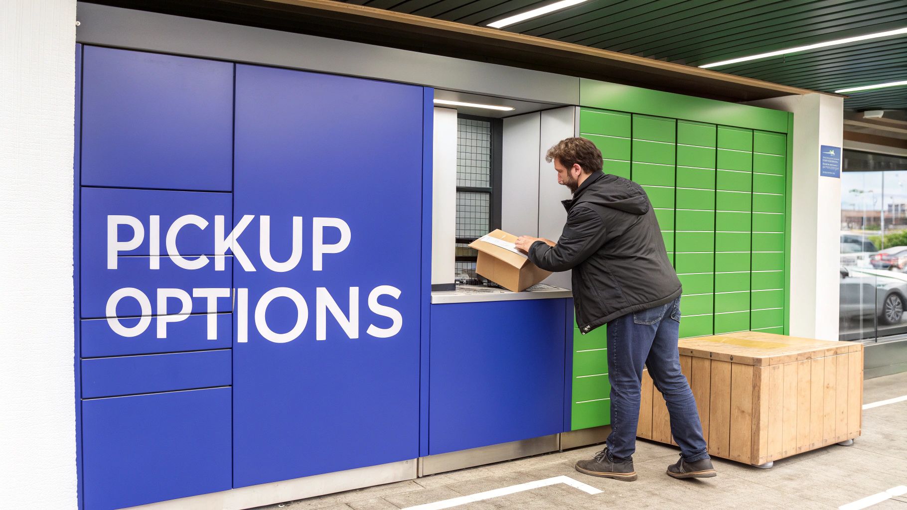 A man retrieves a package from an automated blue and green locker system labeled &lsquo;Pickup Options&rsquo;.