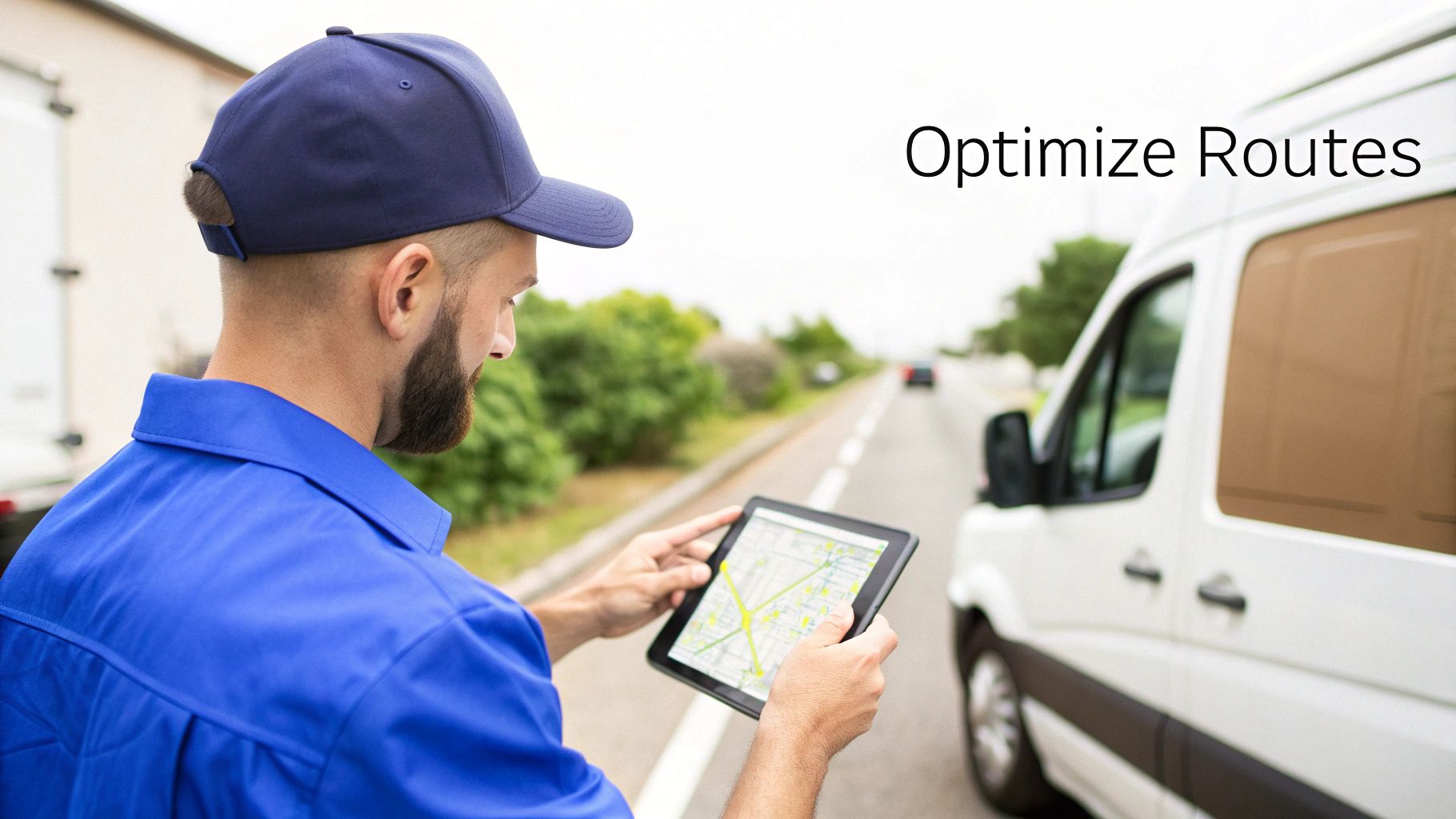 A delivery driver uses a tablet to optimize routes, standing next to a white van.