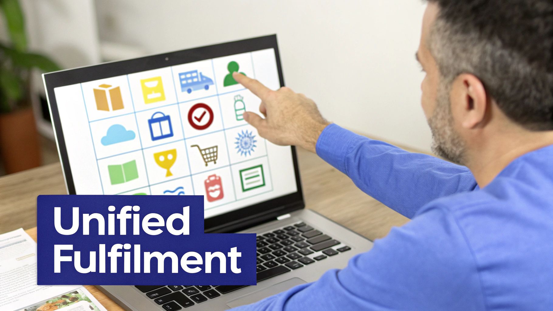Man pointing at a laptop screen displaying various business and logistics icons, with &lsquo;Unified Fulfilment&rsquo; text.