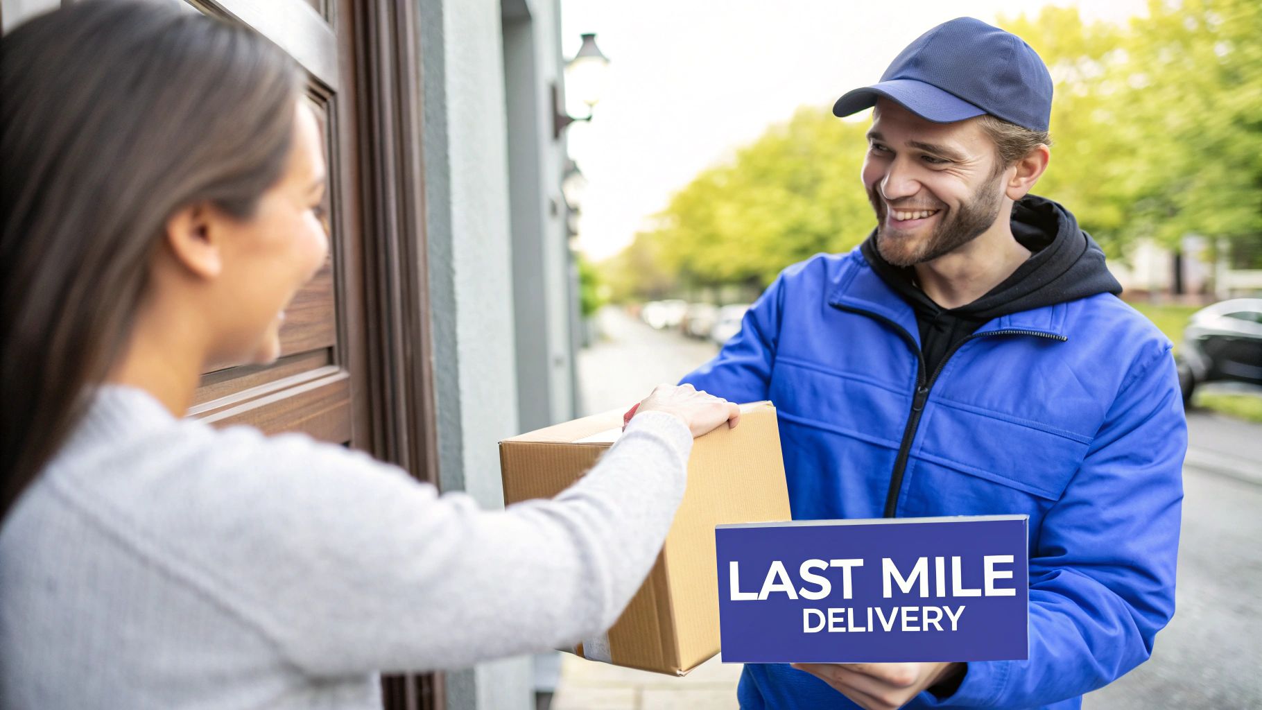 A smiling delivery man hands a package to a happy customer at her doorstep, highlighting last mile delivery.